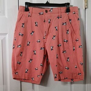 Plugg Mens Salmon Shorts French Bulldog Print Cotton Blend Flex Casual Sz 30 EUC